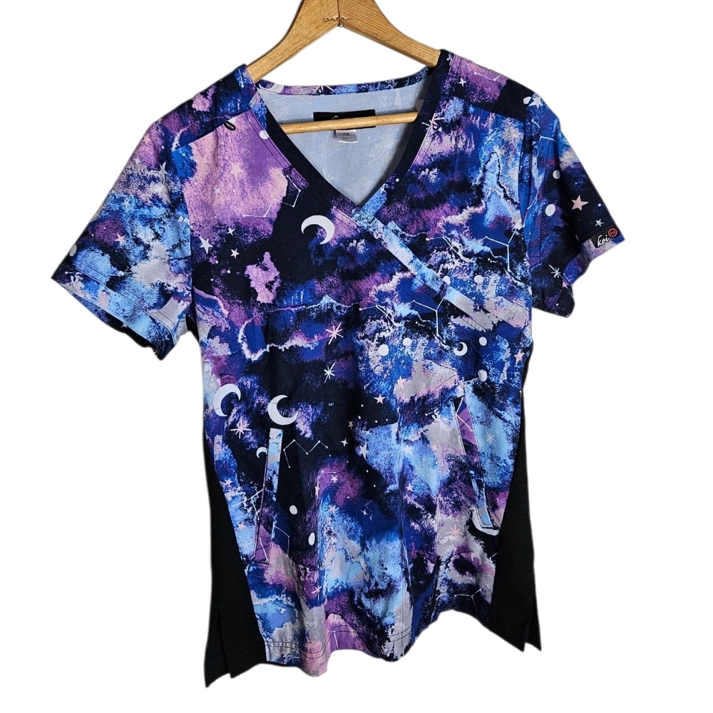 Koi Lite Galaxy Print V-Neck Scrubs Top, Size XS